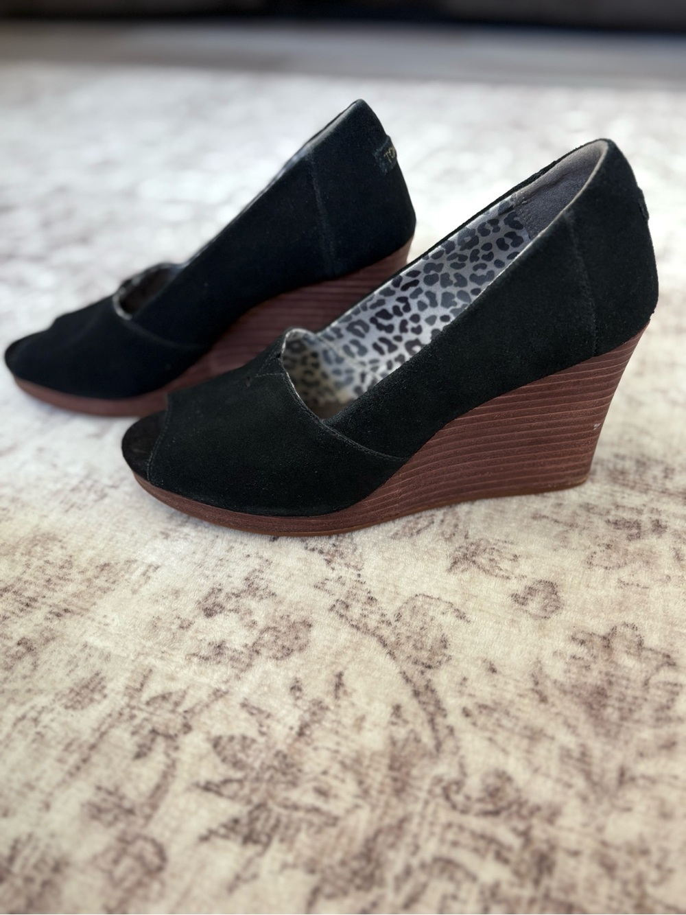 Toms Black Suede Peep-Toe Wedge Heels with Brown Stacked Sole